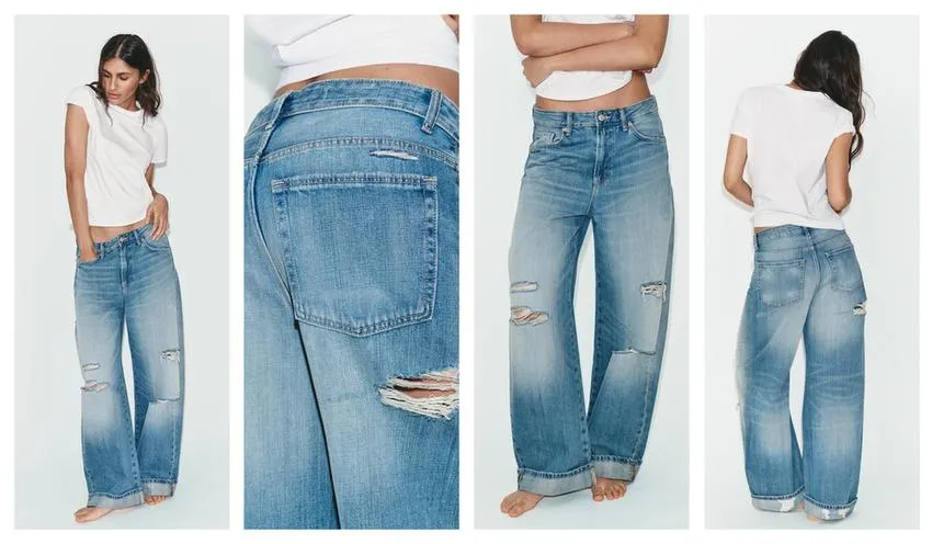 TRF MID-WAIST RIPPED BAGGY FOLDED JEANS