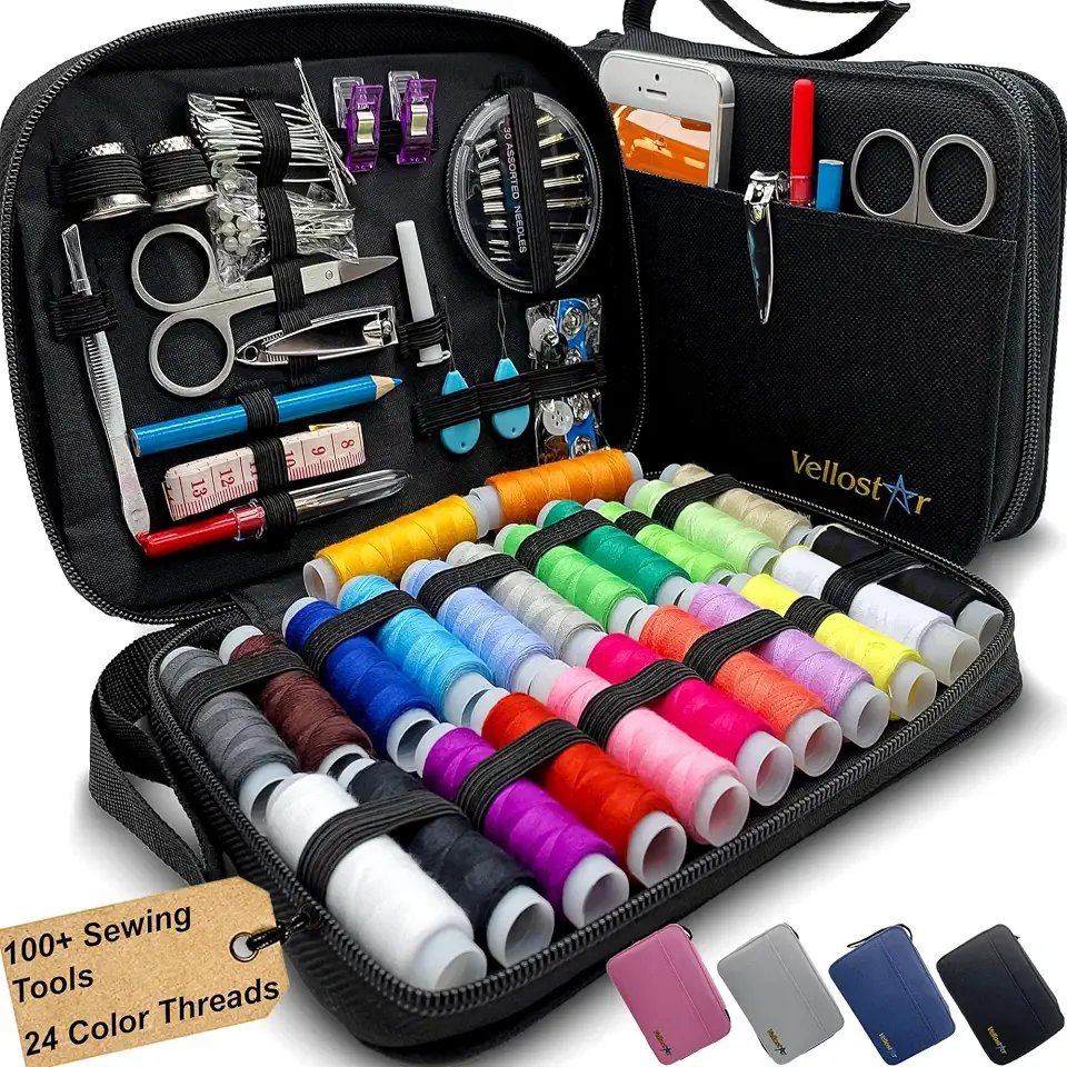 Vellostar Sewing Kit for Adults & Beginners – Portable Needle & Thread Travel Kit w/ 24 Thread Colors, Needles, Scissors & Sewing Supplies for Emergency Clothing Repairs, Buttons, & Home Mending