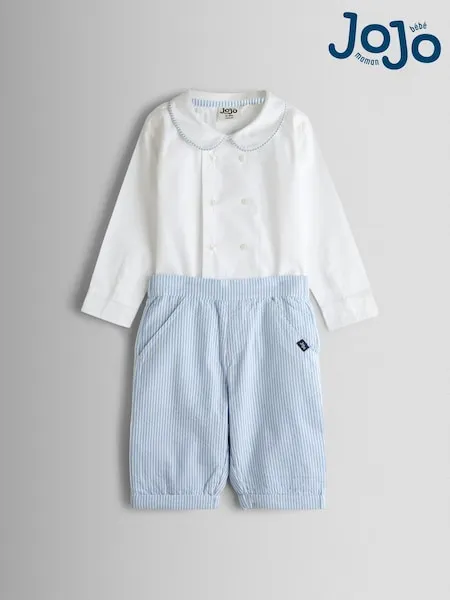 JoJo Maman Bébé Light Blue Double Breast Shirt & Stripe Shorts Set 2 Piece
