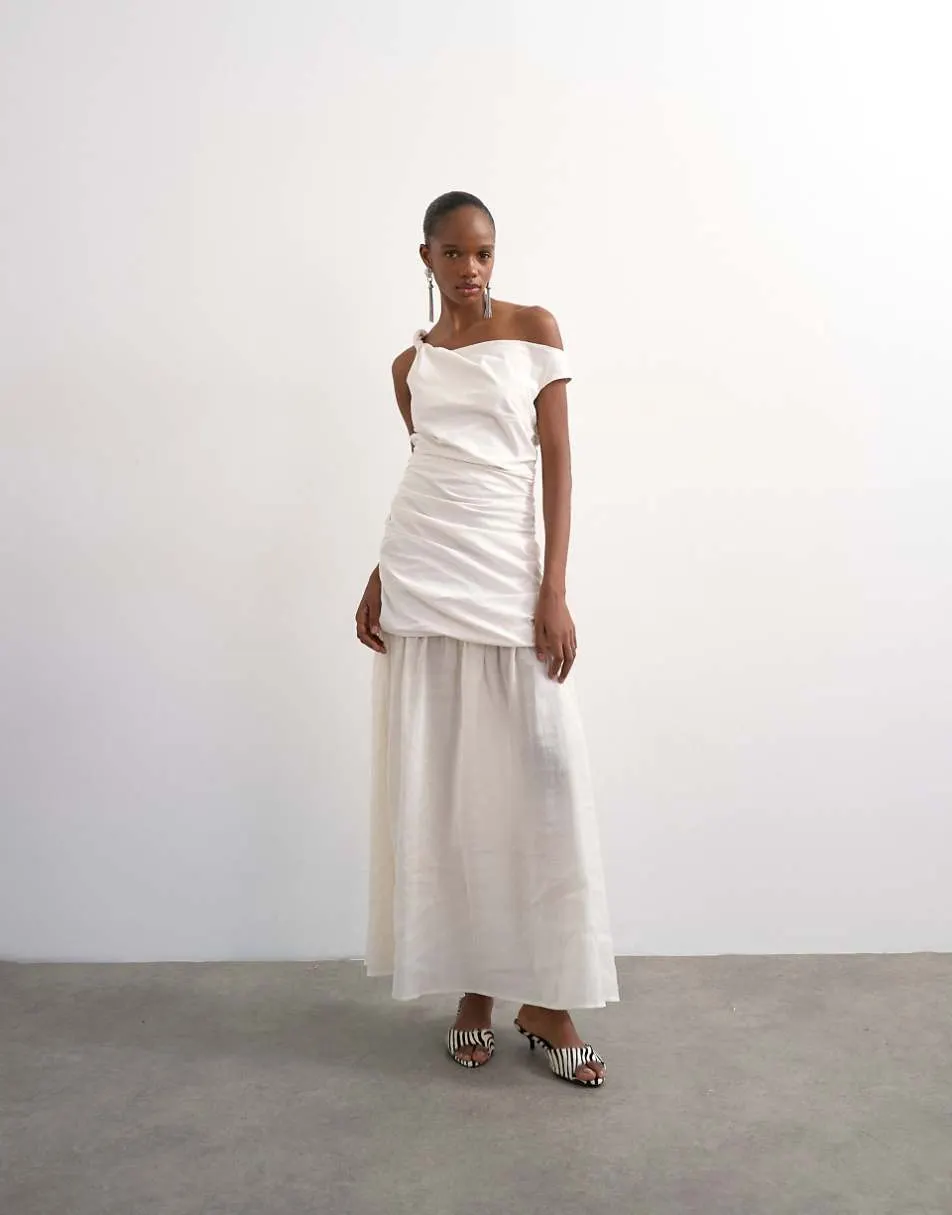 Topshop twisted shoulder sheer skirt midi dress in off-white
