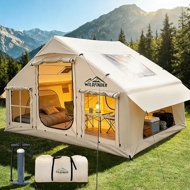 Inflatable Tent with Skylight & Stove Jack,Blow Up Tents, Hot Tent | Quick Setup, Waterproof Oxford Inflatable House for Camping, Family Air Glamping Tent with Pump for Adult