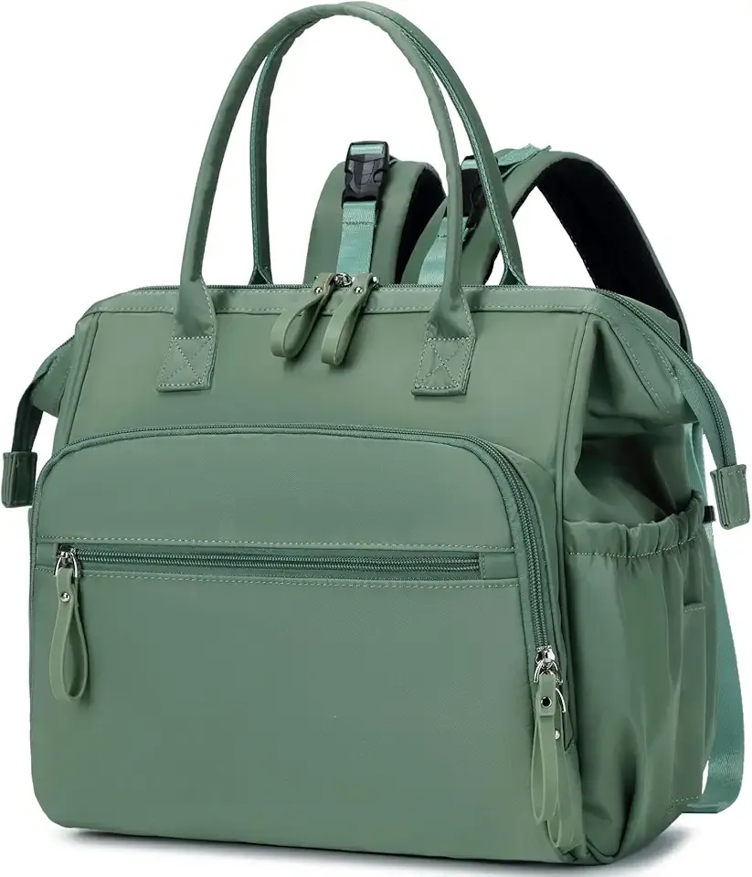 Convertible Diaper Bag Tote, Wide Open Top 14 Pockets Stylish Baby Diaper Bag with Stroller Buckle, Water-resistant (Green, Large)