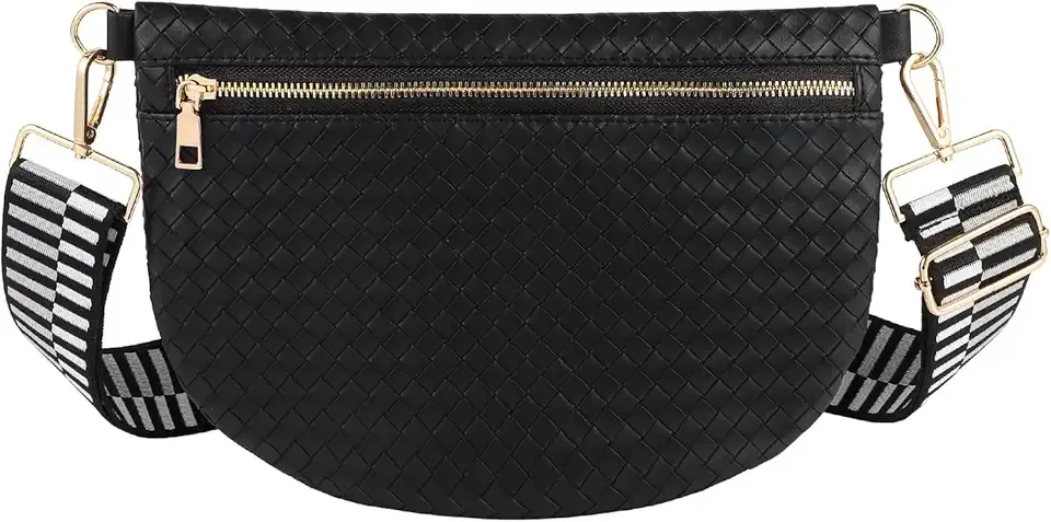 Woven Crossbody Bags for Women Leather Belt Bum Sling Purse Fanny Waist Pack Chest Shoulder Bag for Women-Black