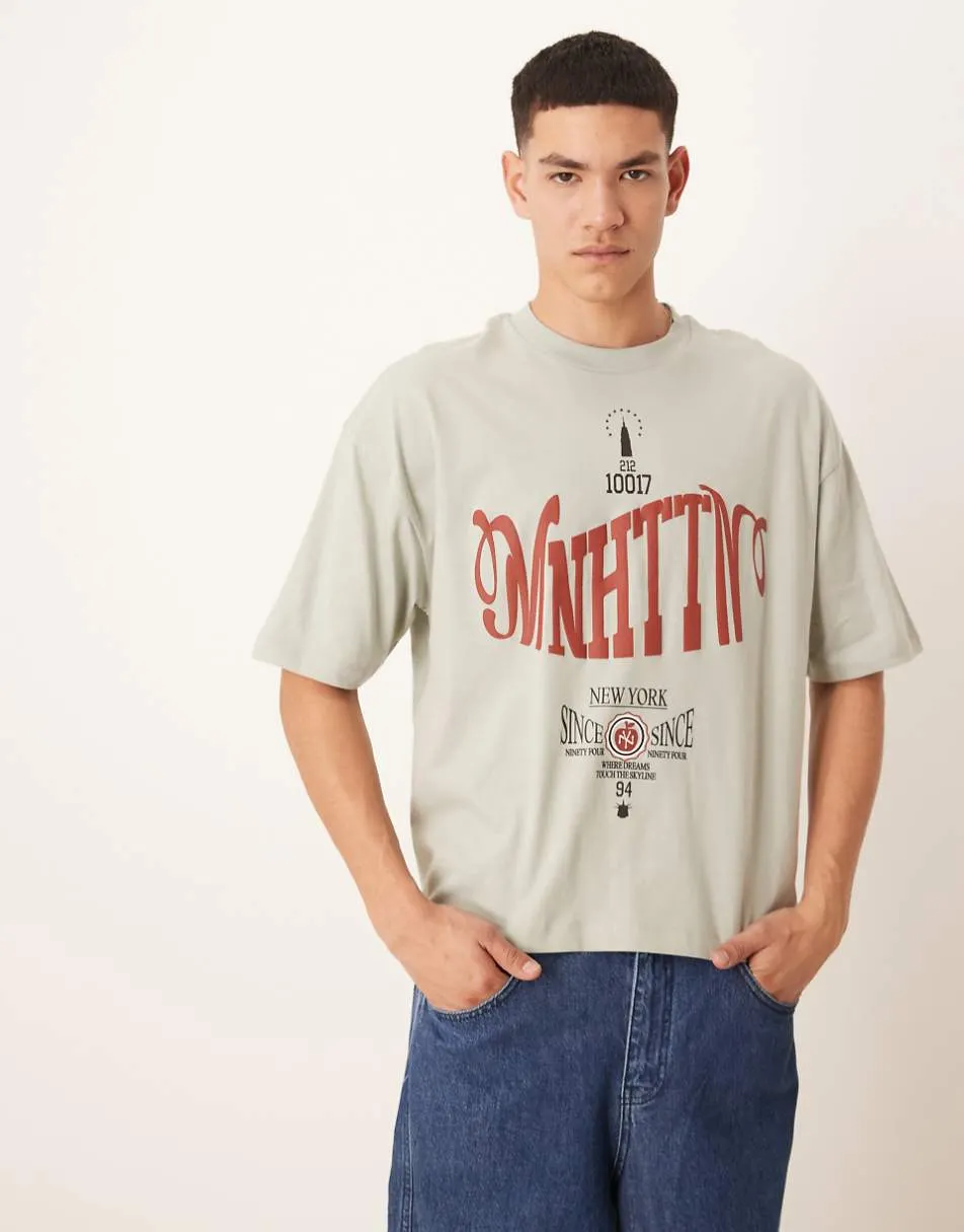 ASOS DESIGN boxy oversized t-shirt with front city graphic in grey