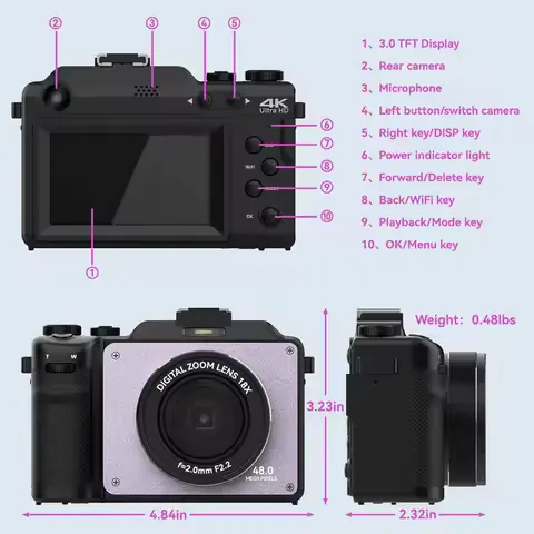 48MP Camera for Photography,4K Digital Camera for Kids and Adults with Front and Rear Dual Cameras,18X Digital Zoom,Built-in 7 C