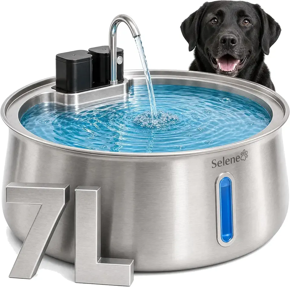 Selene Wireless Doggy Fountain, 7L (1.85 Gal) Cordless Dog Water Fountain for Dogs Inside, Stainless Steel Pet Fountain, 4-Layer Filtration, 30-Day Battery