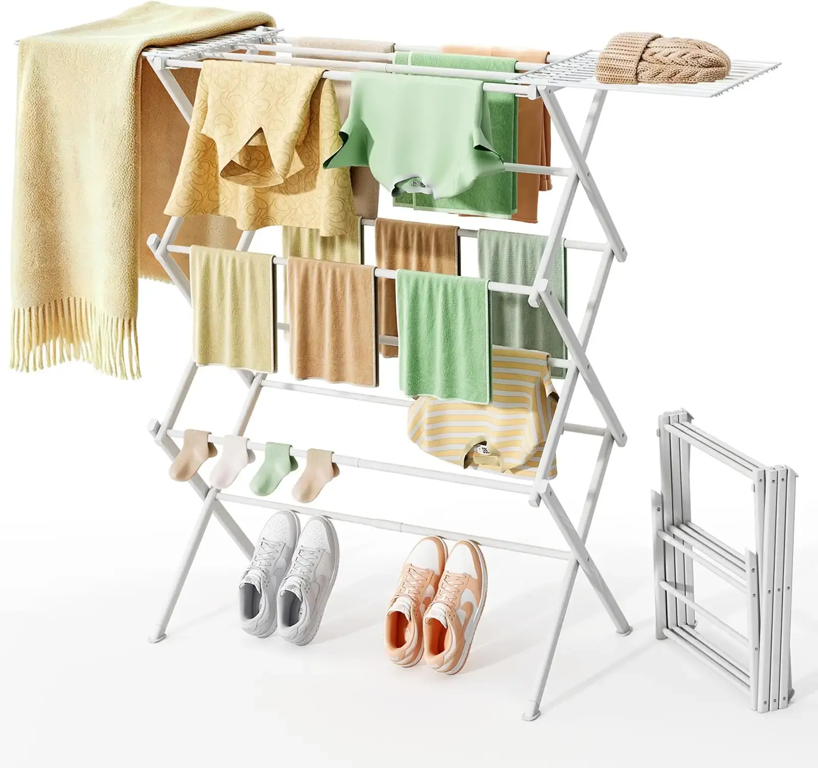 REALINN Foldable Clothes Drying Rack, Expandable Portable Indoor Outdoor | Pulls Open in Seconds, Dual Flat-Dry Wings, Coated Steel, 4-Leg Base, 6.5 Lb, Folds to 3.4 In, RV, Dorm, Balcony, Poolside