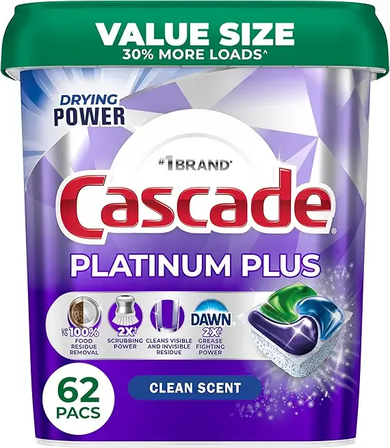 Cascade Platinum Plus Dishwasher Pods, Dish Detergent Soap, Clean Scent, 62 Count