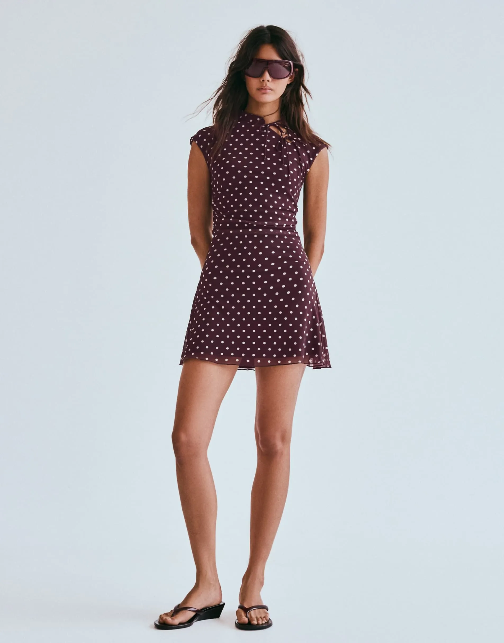 Bershka polka dot print tulle mini dress in burgundy
