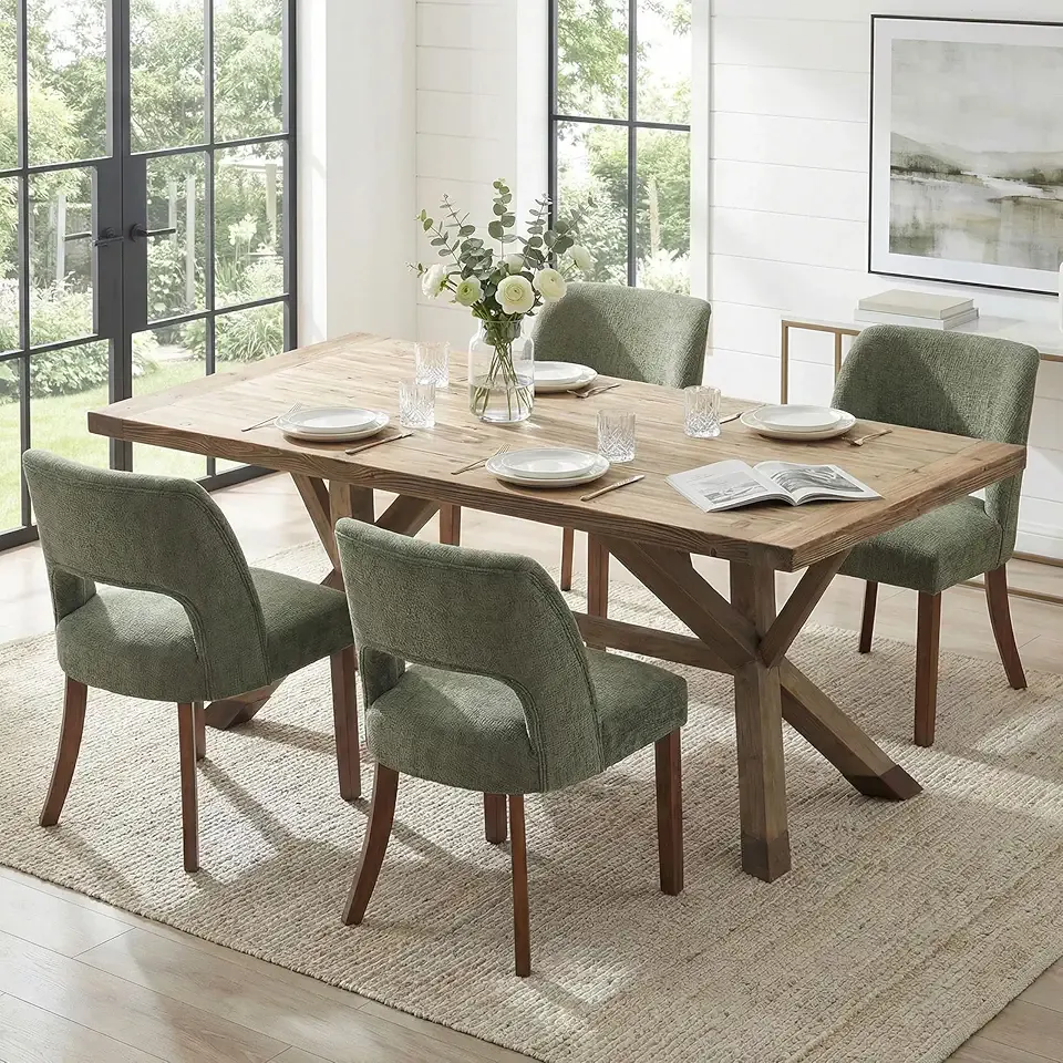 keoni Wooden Dining Chairs Set of 4, Mid Century Modern Upholstered Dining Room Chairs with Rubberwood Legs, Fabric Farmhouse Kitchen Chairs with Foot Pegs for Dining Room, Green