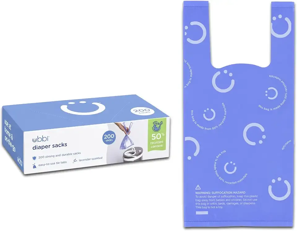 Ubbi Disposable Baby Diaper Sacks, Lavender Scented, 200 Count | Easy-To-Tie Tabs, Made from 50% Recycled Material, Disposable On-The-Go Bags, Diaper Bag and Travel Essential