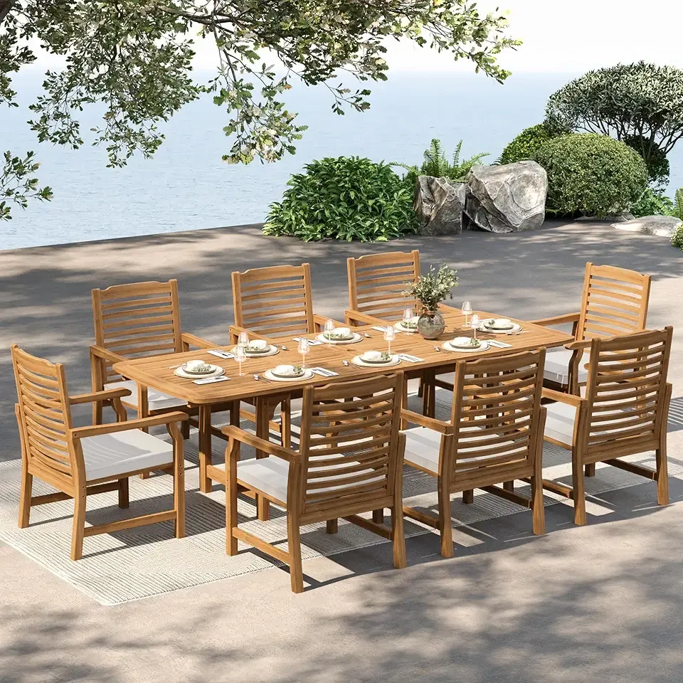 MFSTUDIO Outdoor Patio Table and Chairs, 9 Pieces Outdoor Dining Sets for 8, Teak Wood Patio Furniture, Patio Rectangular Expandable Dining Table Set with Chairs, 1.96’’ Umbrella Hole