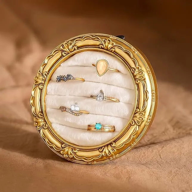 Liliaafar Vintage Ring Holder Round Gold Ring Wedding Display Suede Jewelry Box Stand Frame Earring Tray Anniversary Engagement Baroque Organizer Photograph Prop for Women Birthday Christmas Gift