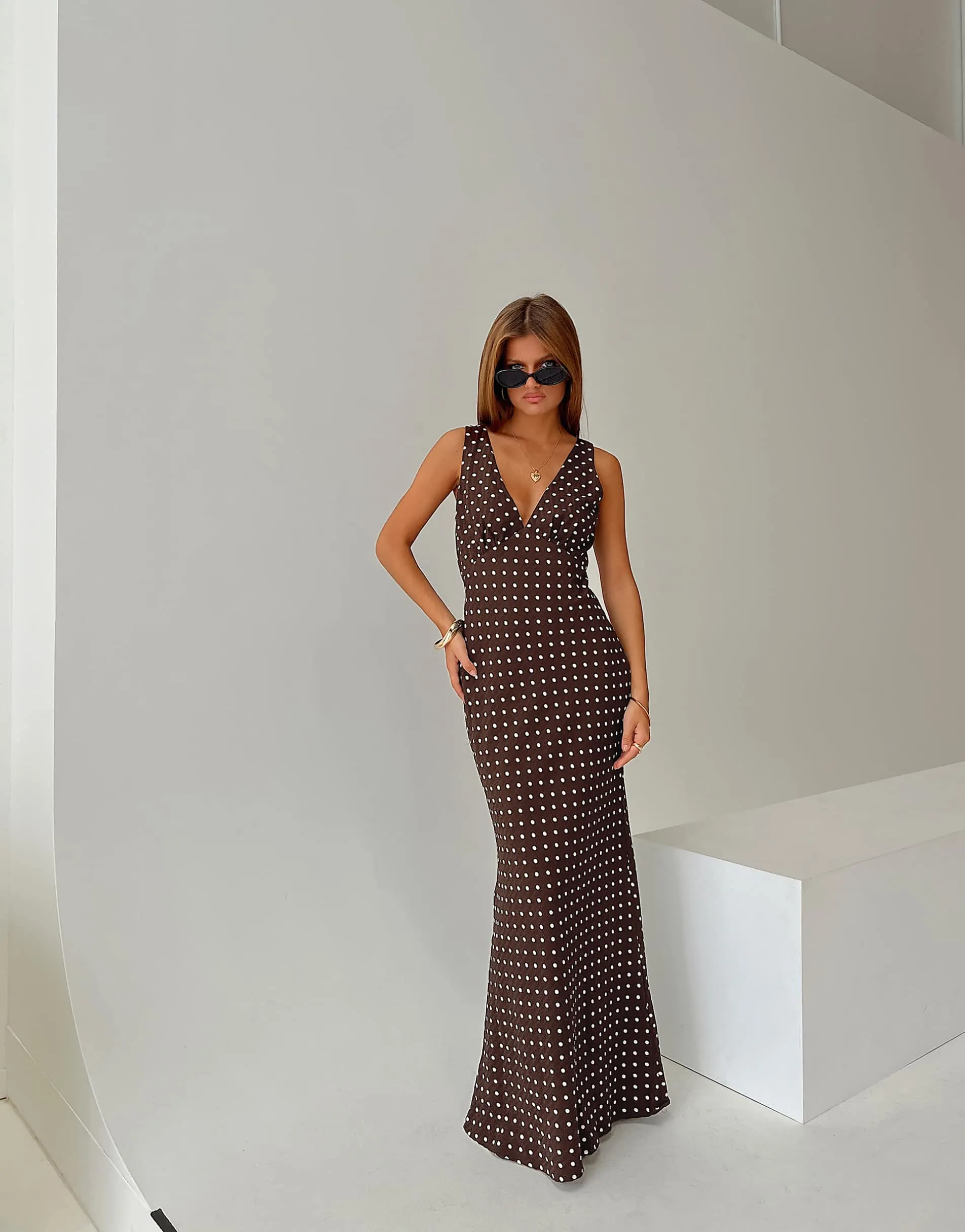 Princess Polly Nellie deep v tie detail maxi slip dress in brown polka dot