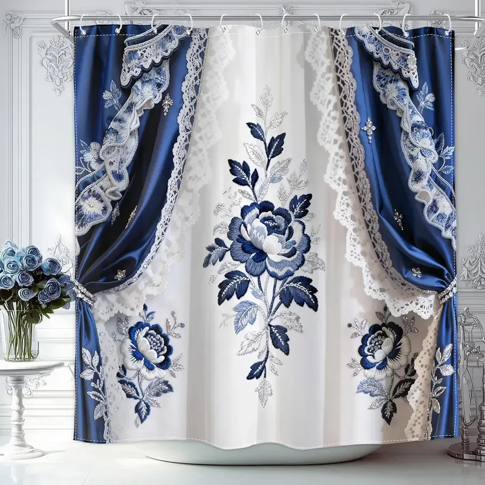 Homewelle Vintage Blue Floral Shower Curtain European Style Elegant Luxury Navy Flower Fancy Modern Retro Girly Women 72Wx72H Inch Artistic Waterproof Polyester Fabric Bathroom Bathtub (No Tie Back)