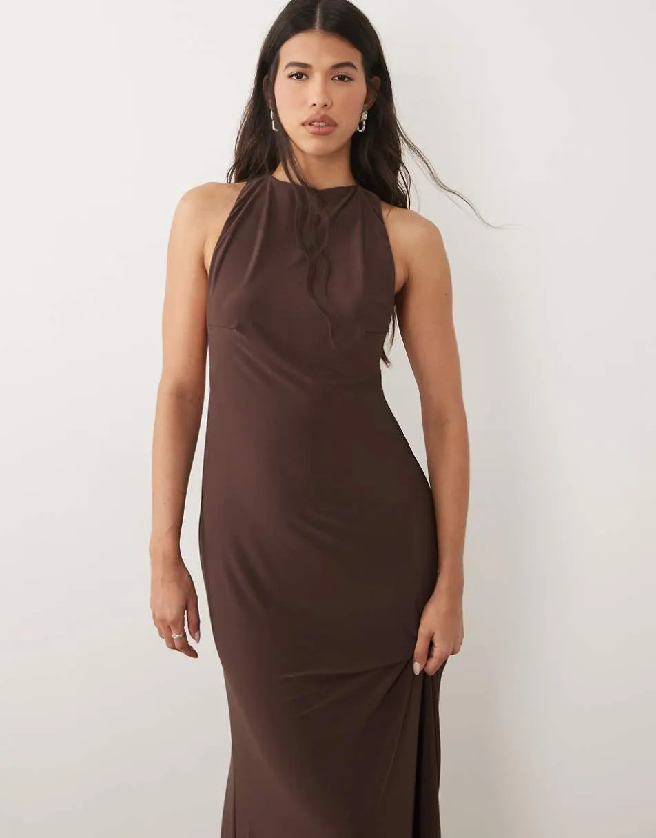 ASOS DESIGN sculpting high neck maxi dress with open back and trim detail in chocolate
