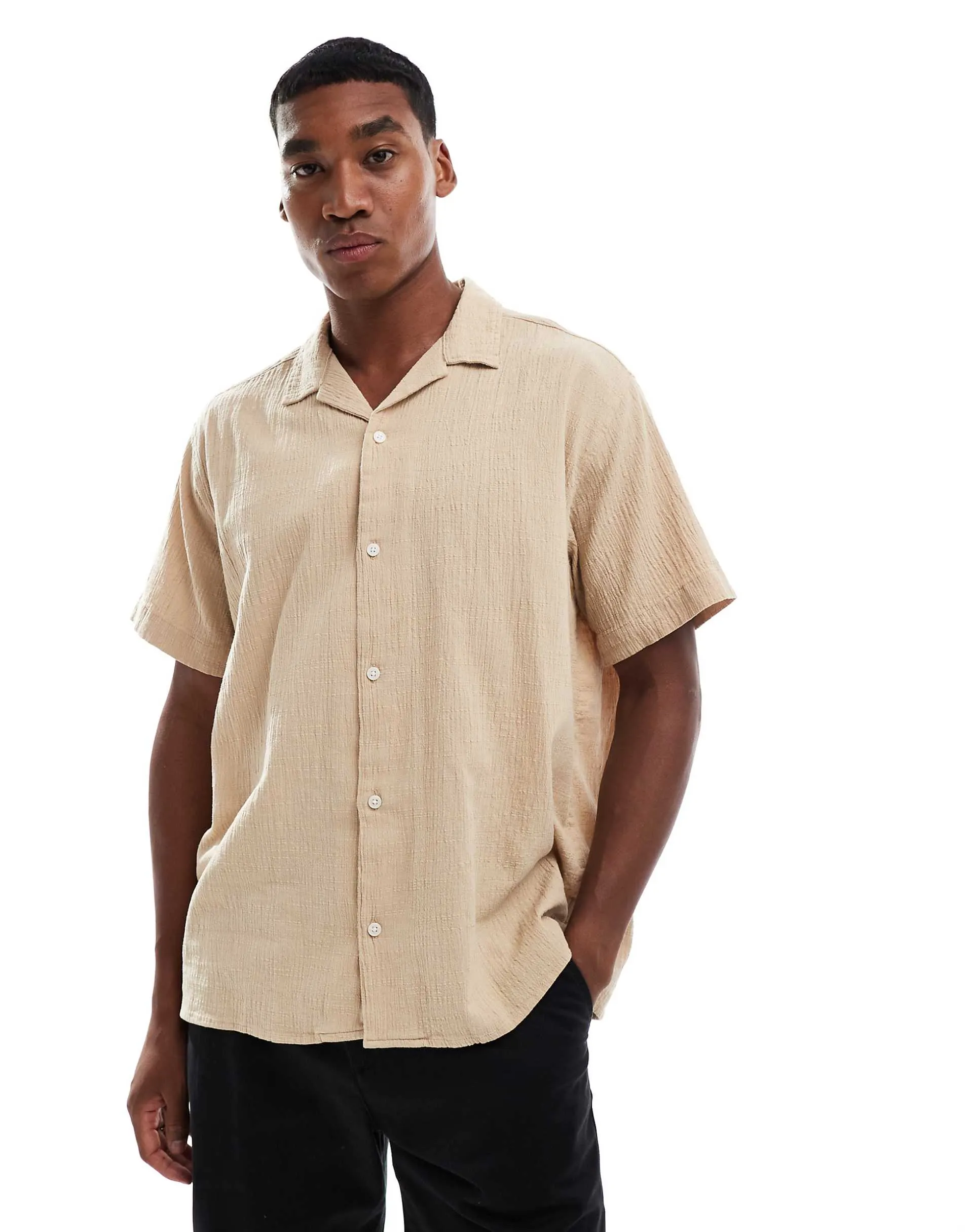 Jack & Jones revere collar shirt in crinkle texture beige