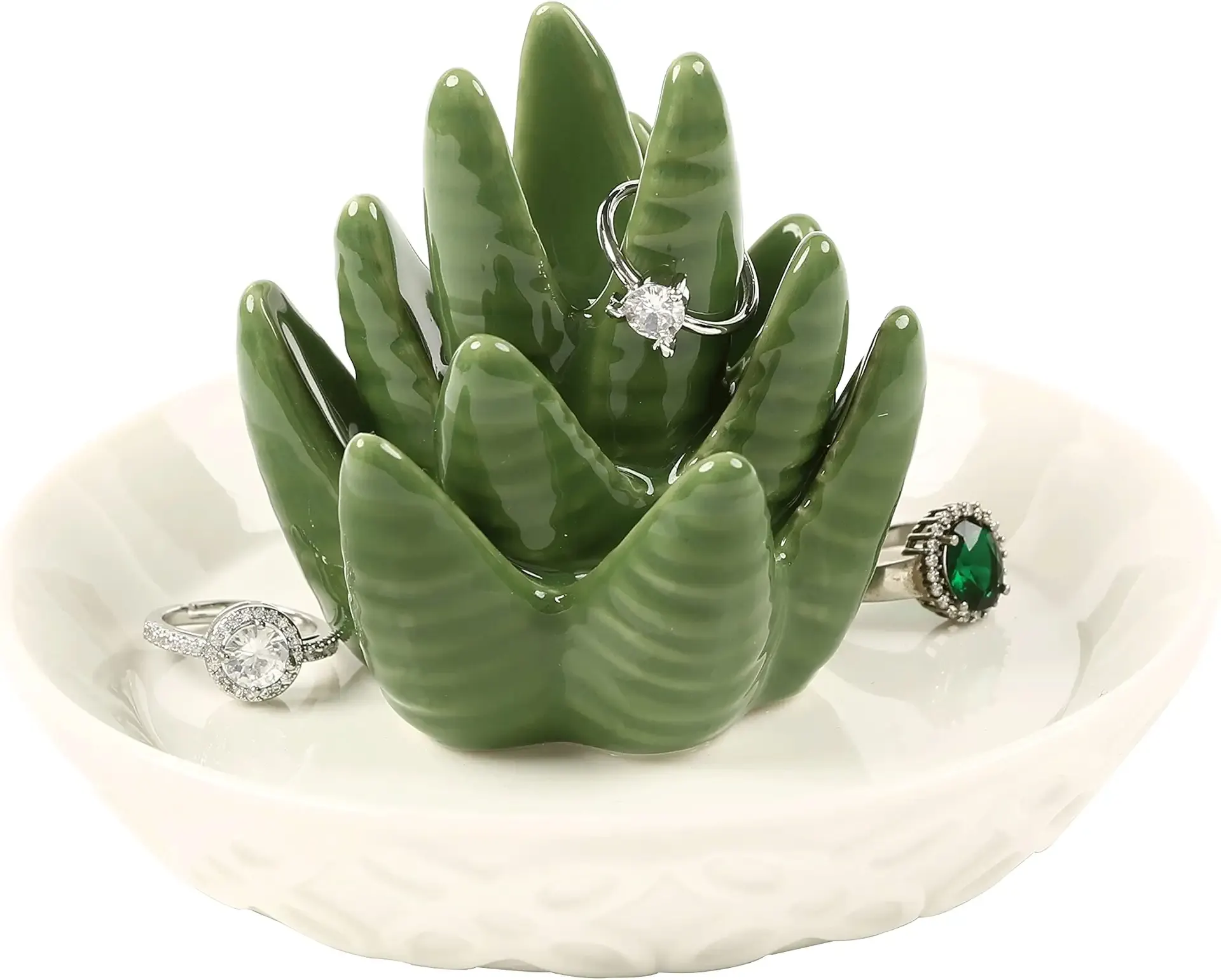 HOME SMILE Ceramic Aloe Ring Holder,Cactus Dish Dish for Jewelry,Christmas Birthday Gifts for Women