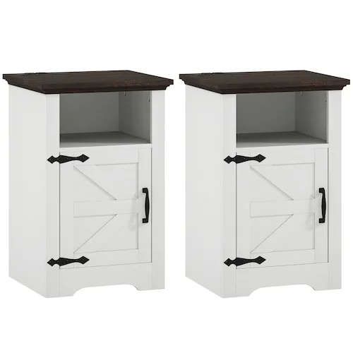 Set of 2 Side Tables with Charging Outlets, White