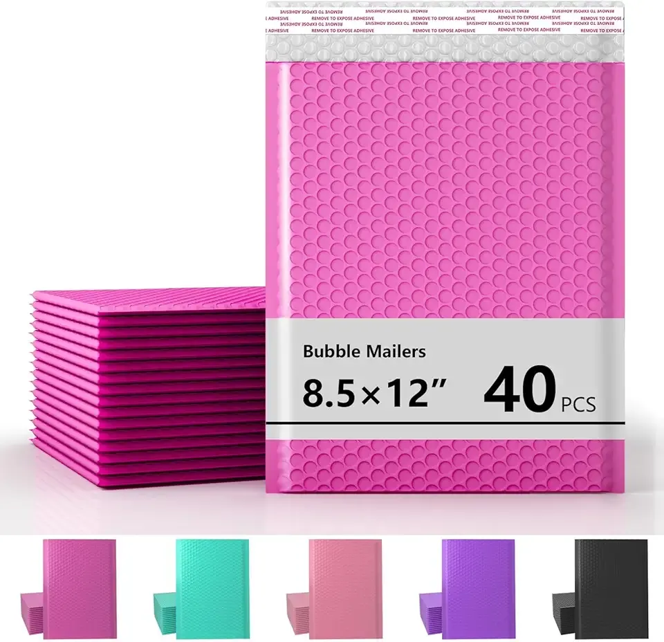 8.5 x 11 Inch Bubble Mailer 40 Pack, Waterproof Padded Envelopes with Strong Self-Seal Adhesive, Cushioning Shipping Bags with Bright Color for Small Business - Hot Pink