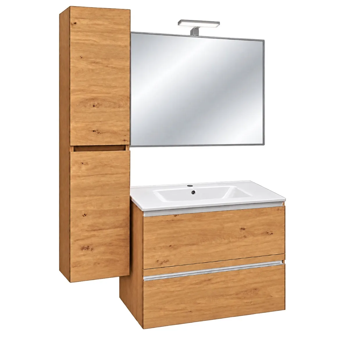 Composizione Bagno 82 cm con Mobile 2 Cassetti, Lavabo, Specchio e Colonna