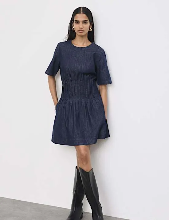 Denim Pintuck Mini Skater Dress