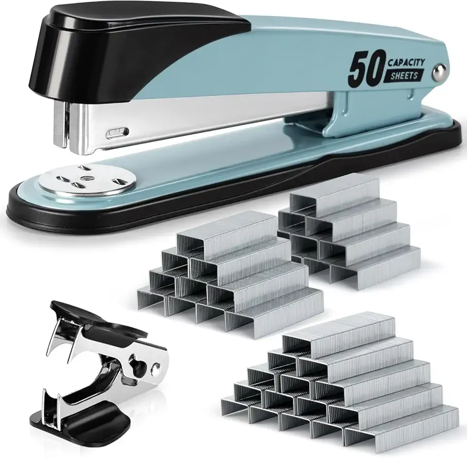 Deli Stapler Heavy Duty, Full Strip Staplers for Desk with 2000 Staples and Staple Remover, 50 Sheet Capacity, No Jam, Non-Slip Office Stapler with Staples for Office, Classroom, Blue