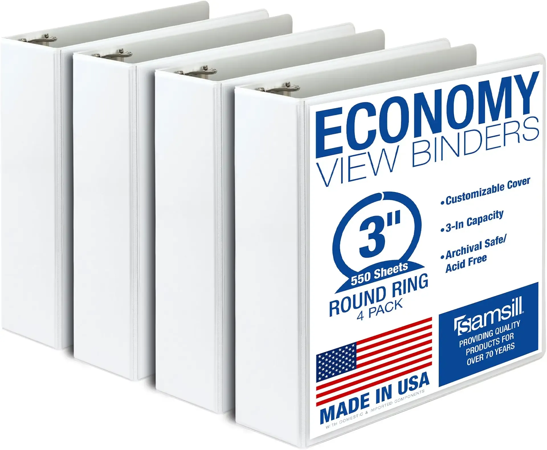 Samsill 3 Inch 3 Ring Binders, Economy Round Ring, Clear View Cover, 550 Sheet Capacity - for School, Home, Office - White, 4 Pack