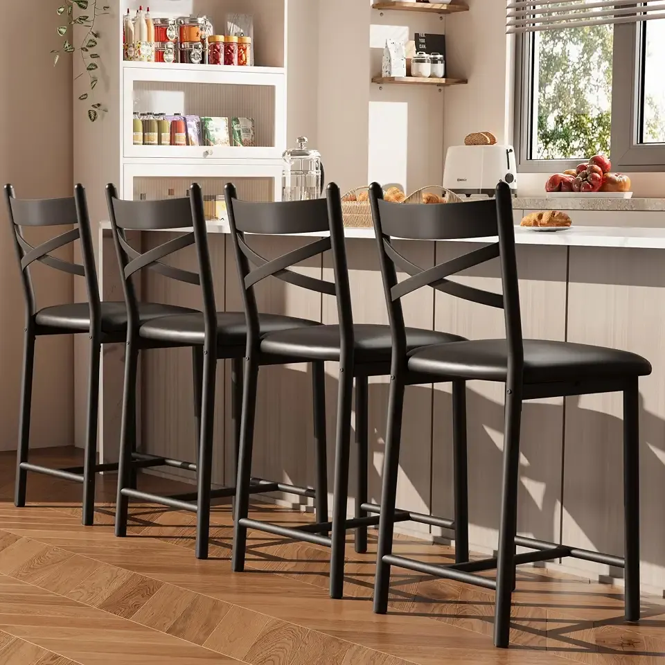 Garvee 26'' Bar Stools Set of 4, Counter Stools with Back & Thick Cushion | Metal Counter Height Stools, Barstools with Padded Seat, Bar Chairs for Kitchen Island, Bar, Dining Room, Modern Black