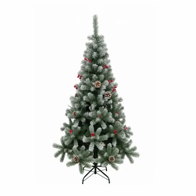 Arbol de Navidad Pino Nevado 150cm con Adorno de Piña Frutos Rojos y Nieve