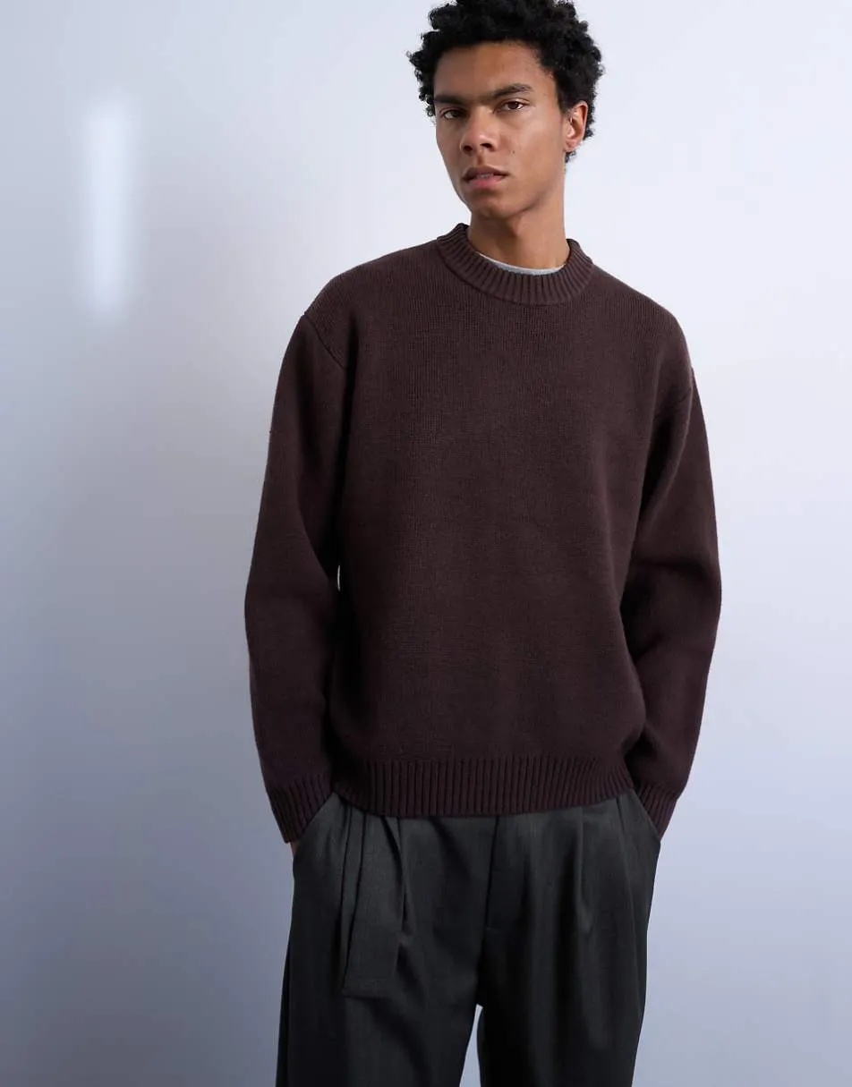 Topman relaxed fit knitted crew neck jumper in brown