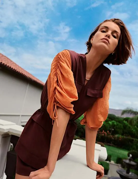 V-Neck Shirred Button Through Blouse