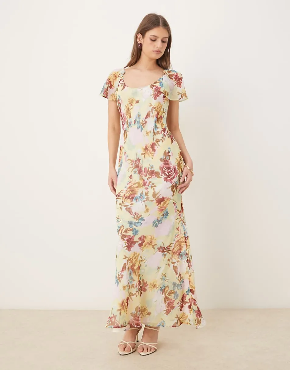 ASOS DESIGN ruffle sleeve scoop bias maxi dress in green floral