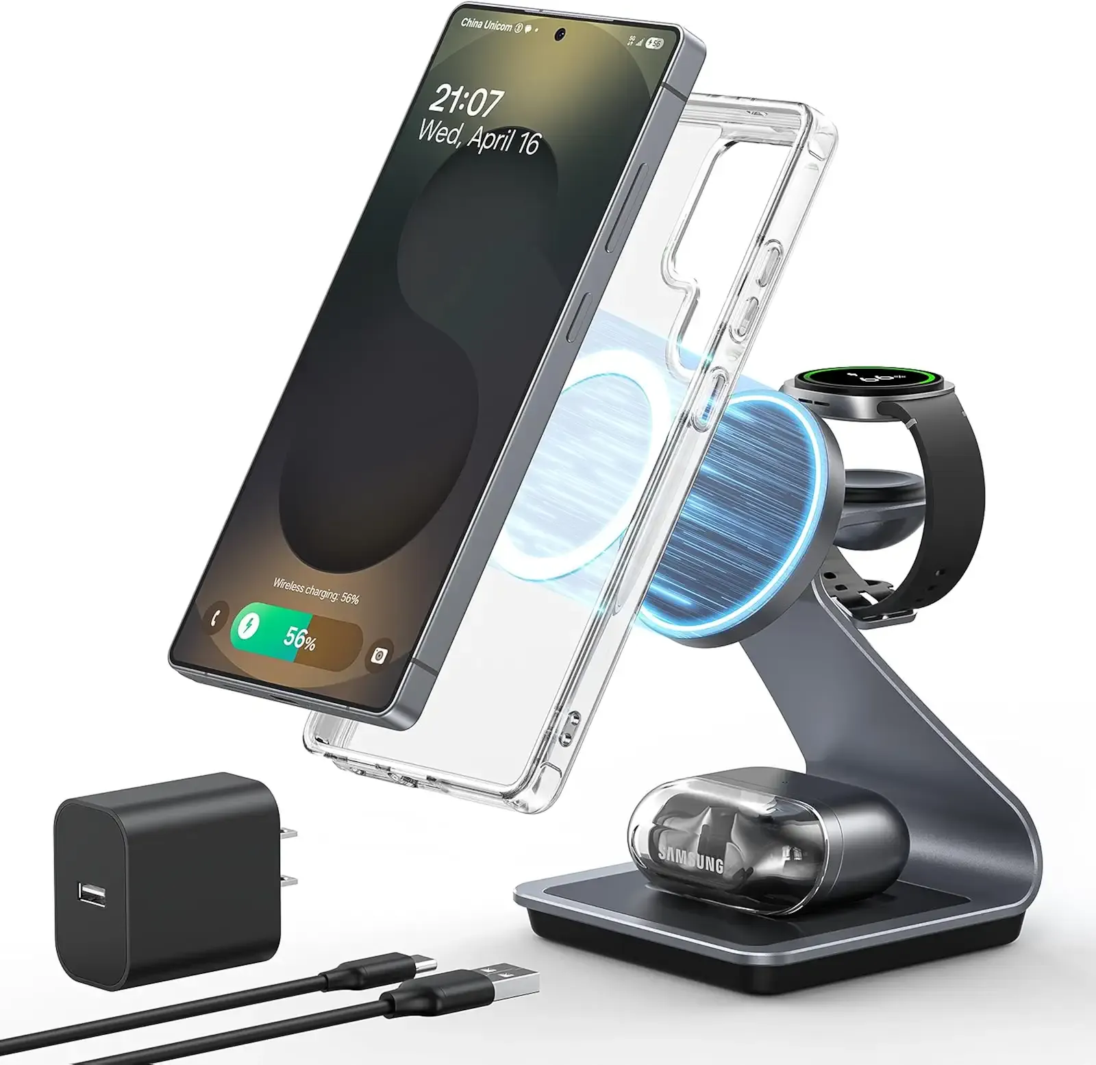 Magnetic Wireless Charger for Samsung, 3 in 1 MagSafe Charging Station Aluminum Charger Stand for Galaxy S25/S24/S23/Ultra/Plus/Z Fold7/Flip7, Watch Charger Stand for Galaxy Watch Ultra 8 7, for Buds