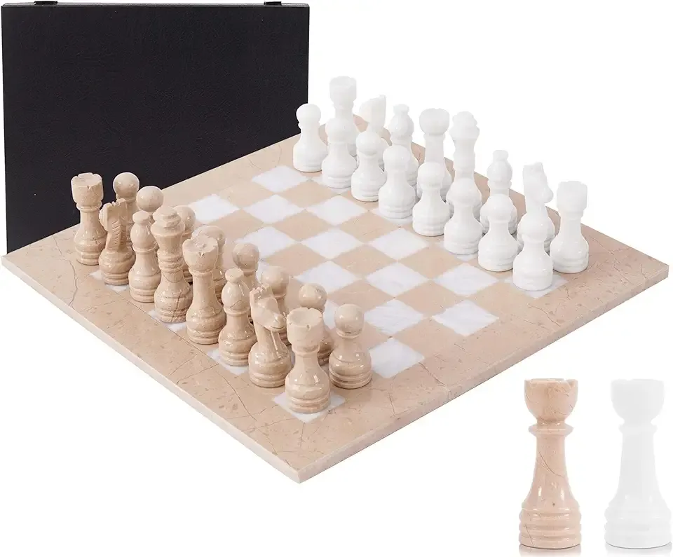 Marble Chess Set for Adults 15" Handmade Verona & White Board Game with 32 Chess Pieces, 2 Extra Queens & Storage Box, Luxury Travel Game – Elegant Gift for Fathers Day and Home Decor