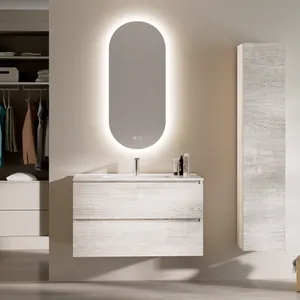 Feel Your Bath, Mueble De Baño PANTER Blanco Caliza 100 cm, 2 Cajones, Encimera Cerámica Integrada Y Espejo Ovalado LED Antivaho