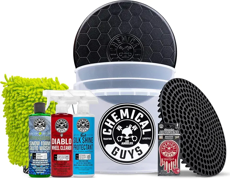 Chemical Guys 8-Piece Arsenal Builder Car Wash Kit - Includes Bucket, Dirt Trap, Lid, Wash Mitt, Air Fresheners & (3) 16 oz Car Care Chemicals, Complete Cleaning Kit for Trucks, SUVs & More
