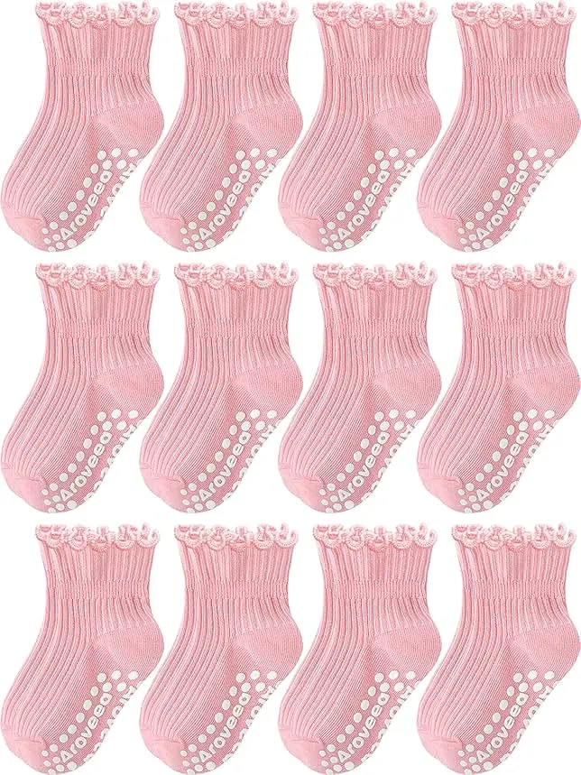 Aroveea Toddler Girls Socks 12 Pack Grip Non Slip Ruffle Frilly Cotton Socks for Toddlers Baby Girls Kids Cute 6M-7Years