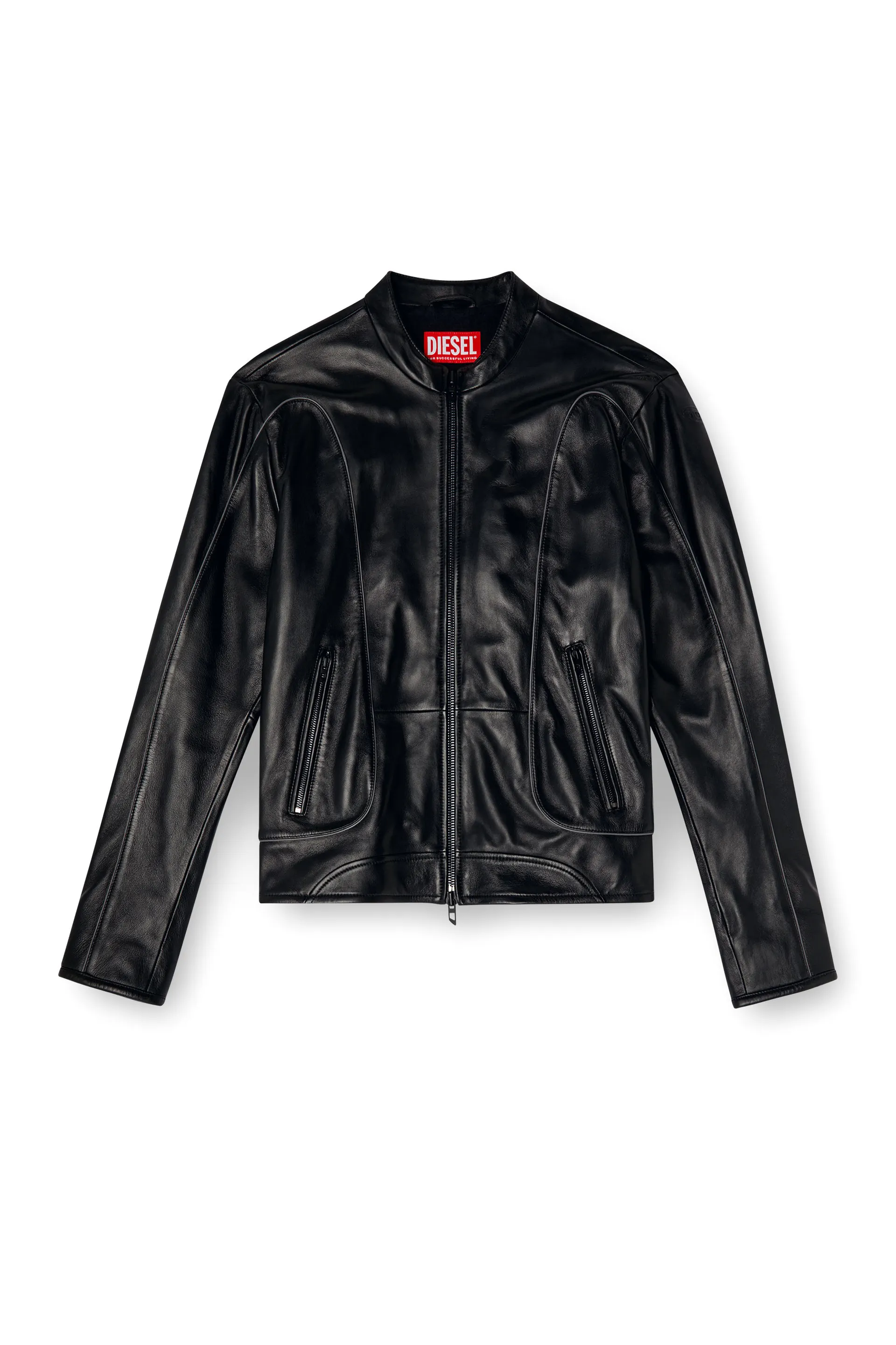 Leather biker jacket with piping detail