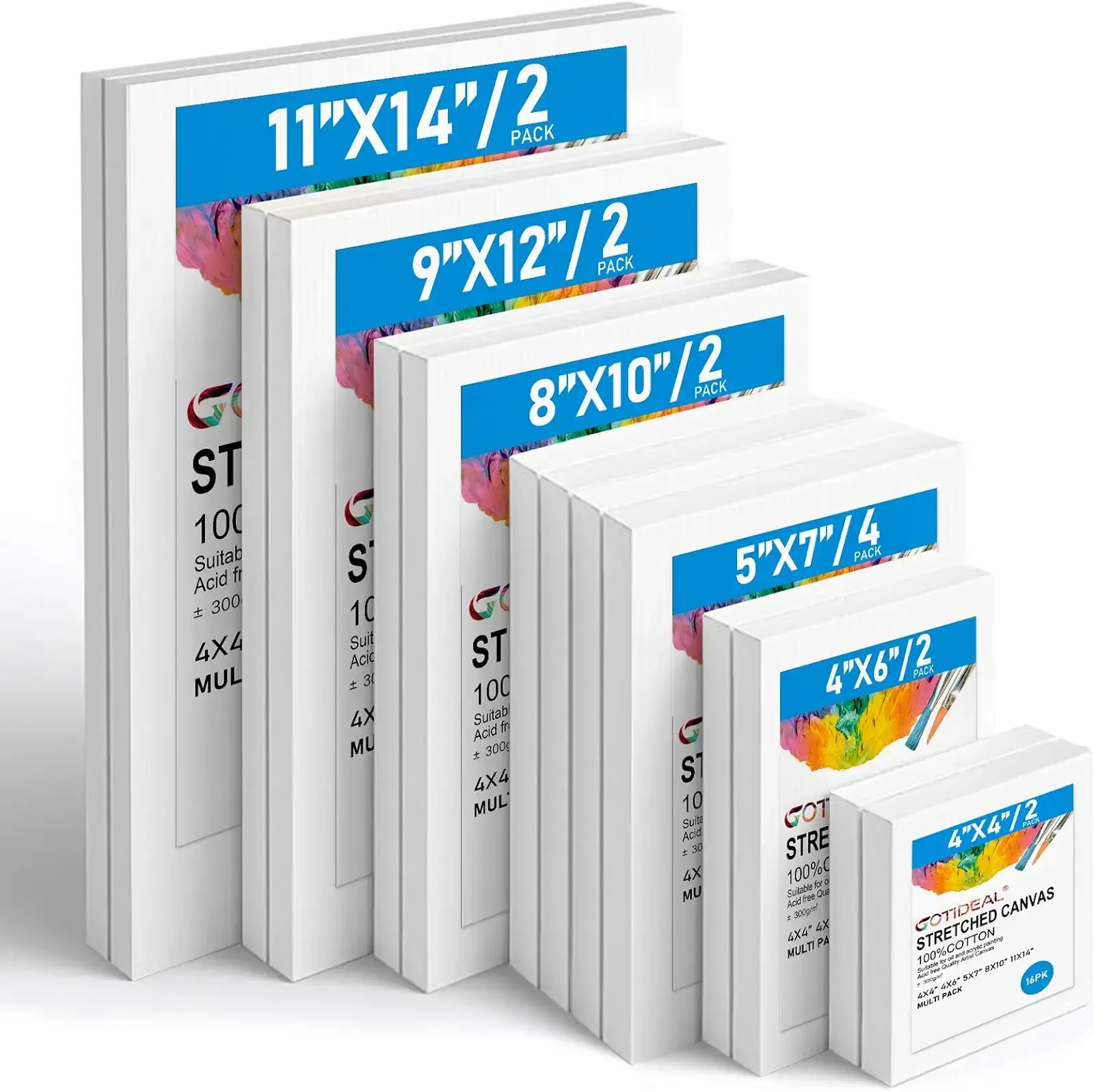 Gotideal Canvas for Painting, 14 Pcs Muti Pack Stretched Painting Canvas, Blank Paint Canvases for Acrylic, Oil, Art Supplies for Artists, Adults 4x4,4x6, 5x7, 8x10,9x12, 11x14 Set of 14