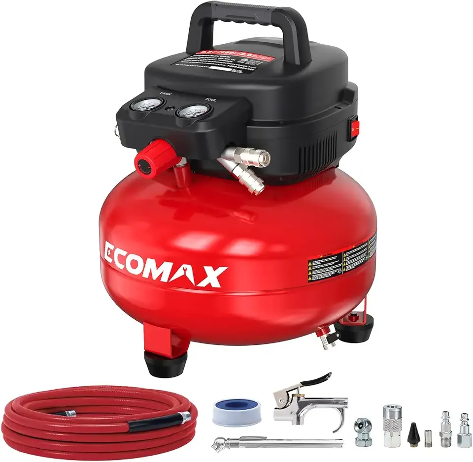 ECOMAX Air Compressor 6 Gallon 150 PSI Pancake Portable Oil-free Tank with 10 PCS Accessories Kit