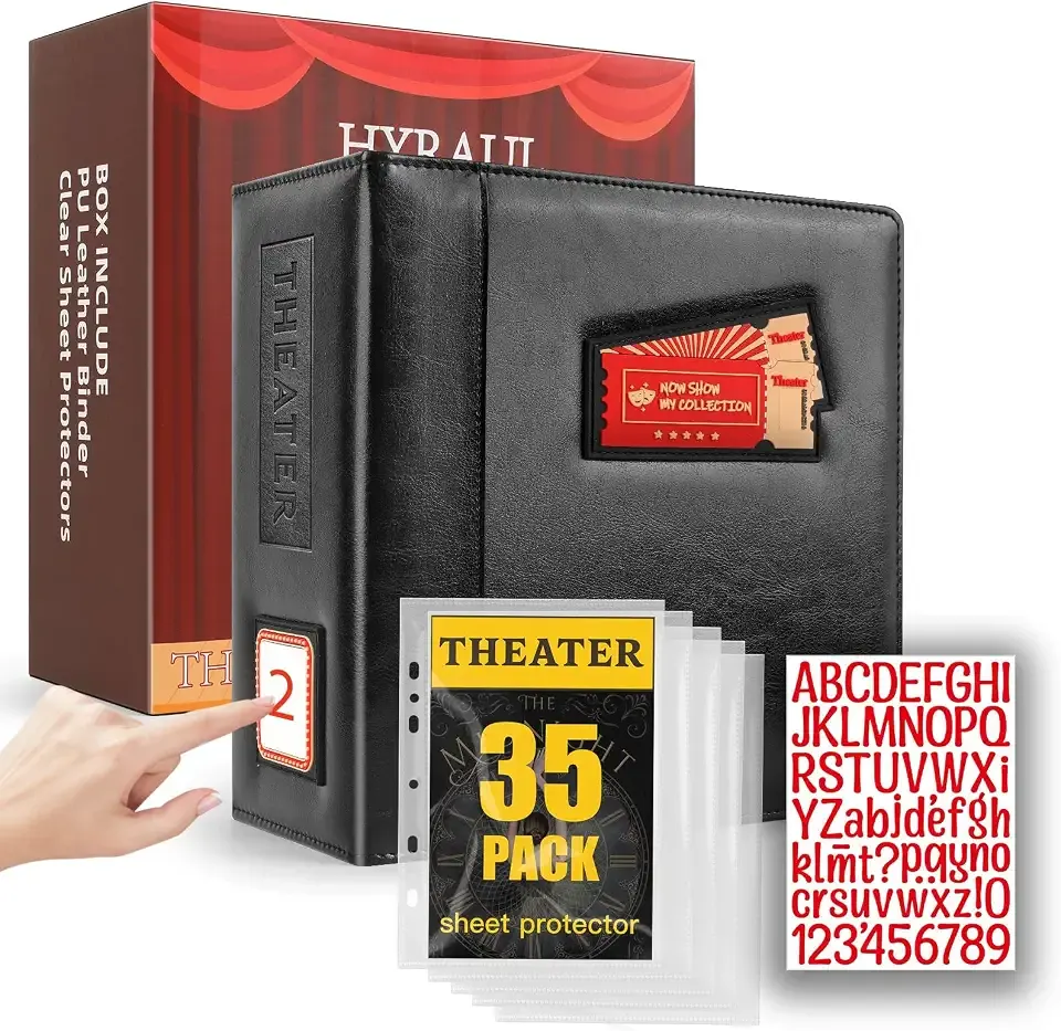 Show-Bill Binder with 35 Sleeves - Broadway Play Program Holder Includes Letter Stickers, Large 4”, PU Leather with Full-Color Logo and Labeling Panel, Musical Theater Gifts for Broadway Lovers