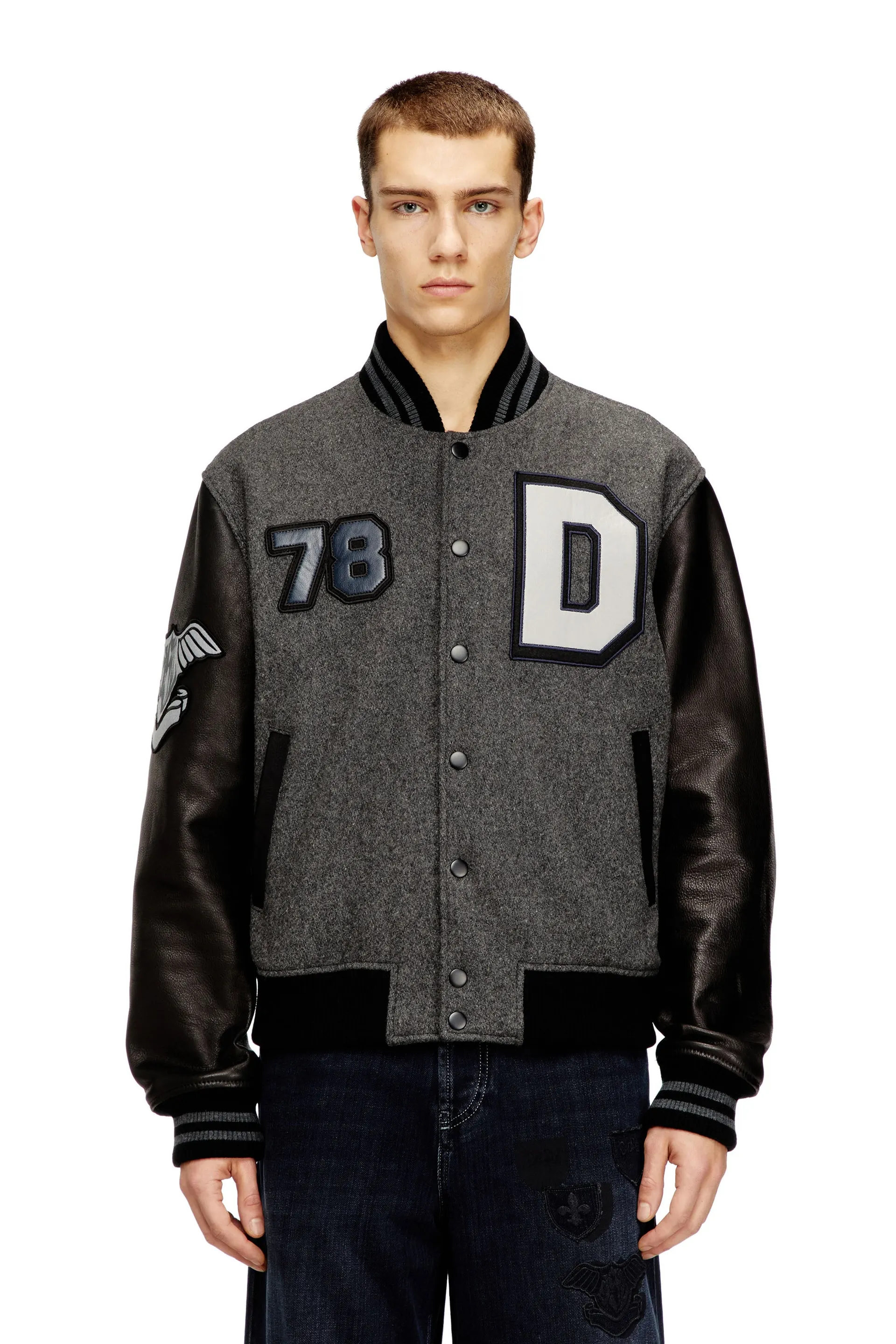 Varsity jacket in wool and leather