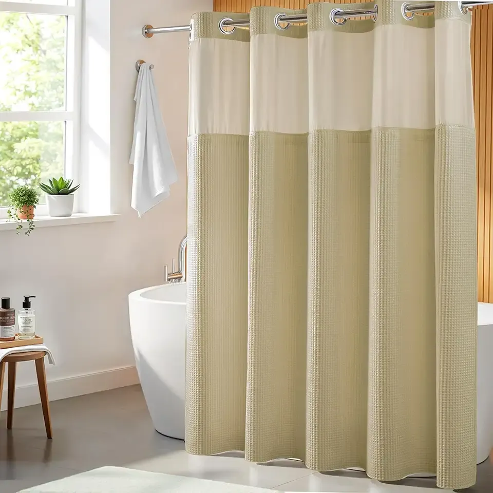 River Dream Linen Fabric Shower Curtain Set, Cotton Blend, Waffle Weave, with Snap in Replacement Liner，71 x 74 inches