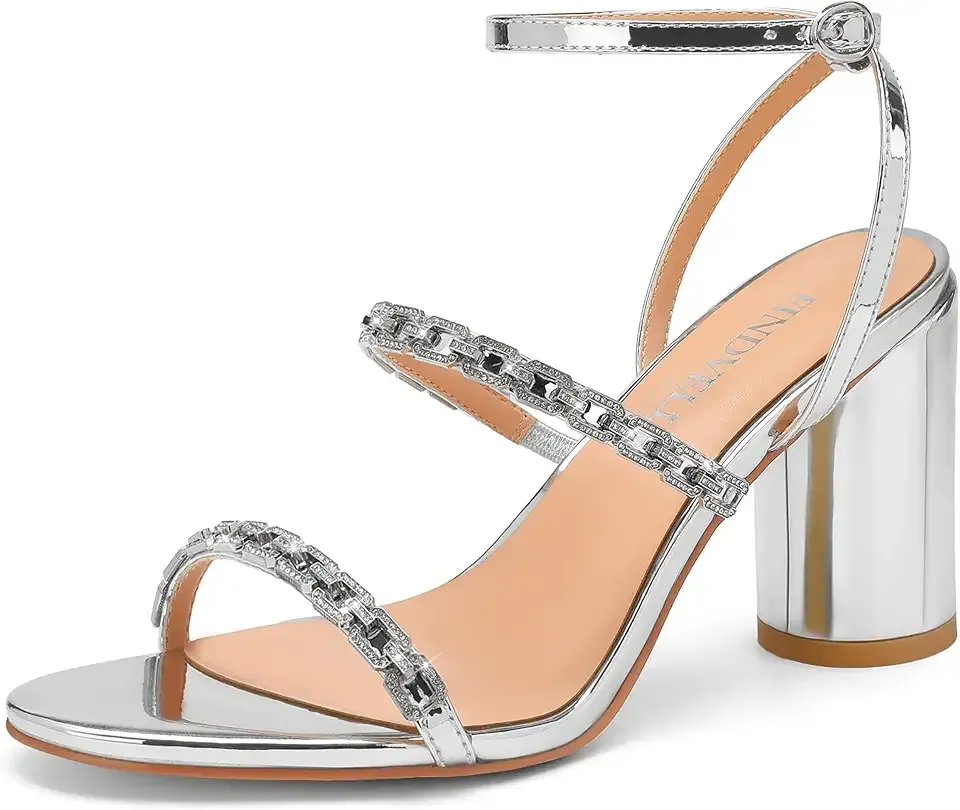 Women's Strappy Heels Rhinestone Chain Chunky Sandals Round Open Toe Glitter Block Heeled Sandals Ankle Strap Party Wedding Dress Shoes