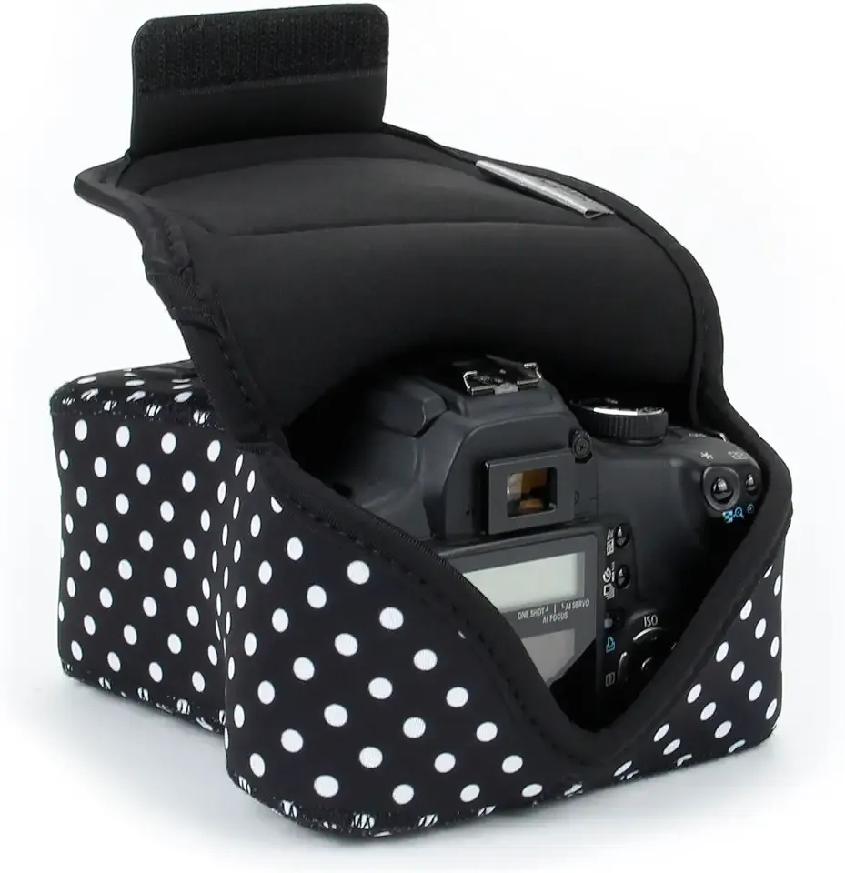 USA Gear Camera Sleeve (Medium) for Compact SLRs Compatible with Canon EOS R100 Nikon Z30 Sony ZV-E10, and more - Padded Neoprene DSLR Case with Zipper Accessory Pocket & Belt Loop (Polka Dot)