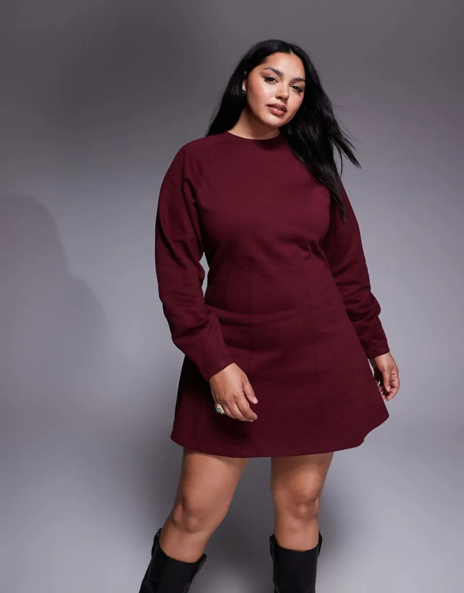 ASOS DESIGN Curve corset waist cotton mini sweat dress in burgundy - BURGUNDY