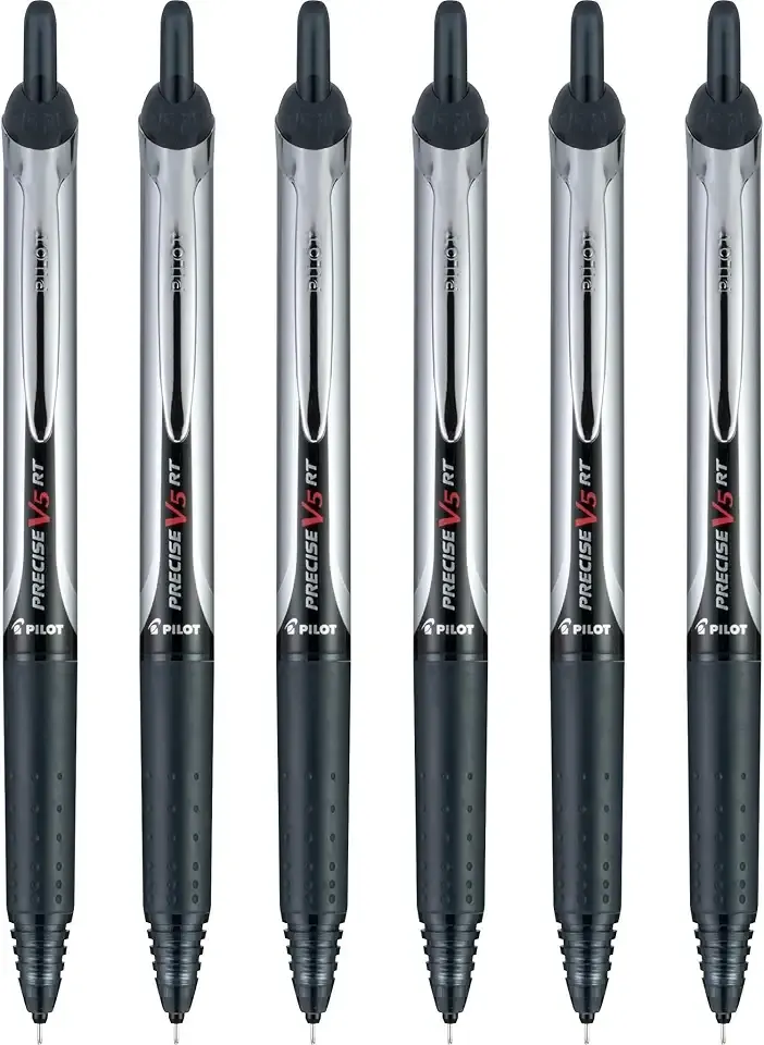 Pilot Precise V5 RT Refillable & Retractable Rollerball Pens, Extra Fine Point Pens 0.5 mm, Black, Pack of 6 - Ideal for School, Journaling & Office Writing
