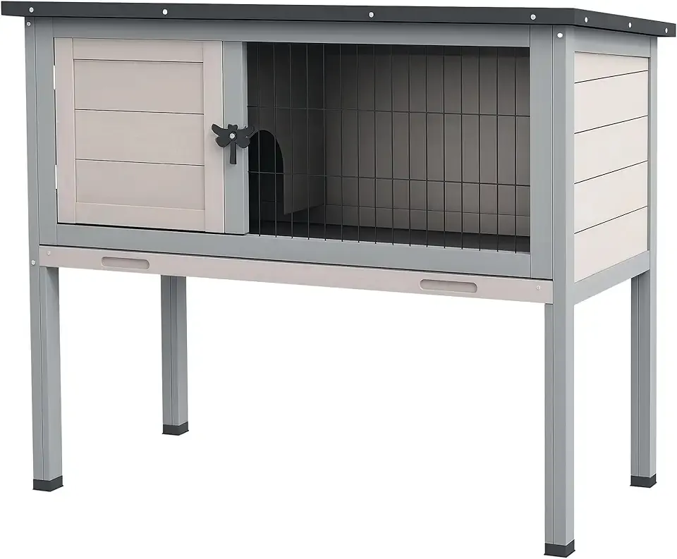 PawHut Elevated Wooden Rabbit Hutch, Indoor/Outdoor Bunny Cage with Hinged Asphalt Roof and Removable Tray for Guinea Pig, Light Gray