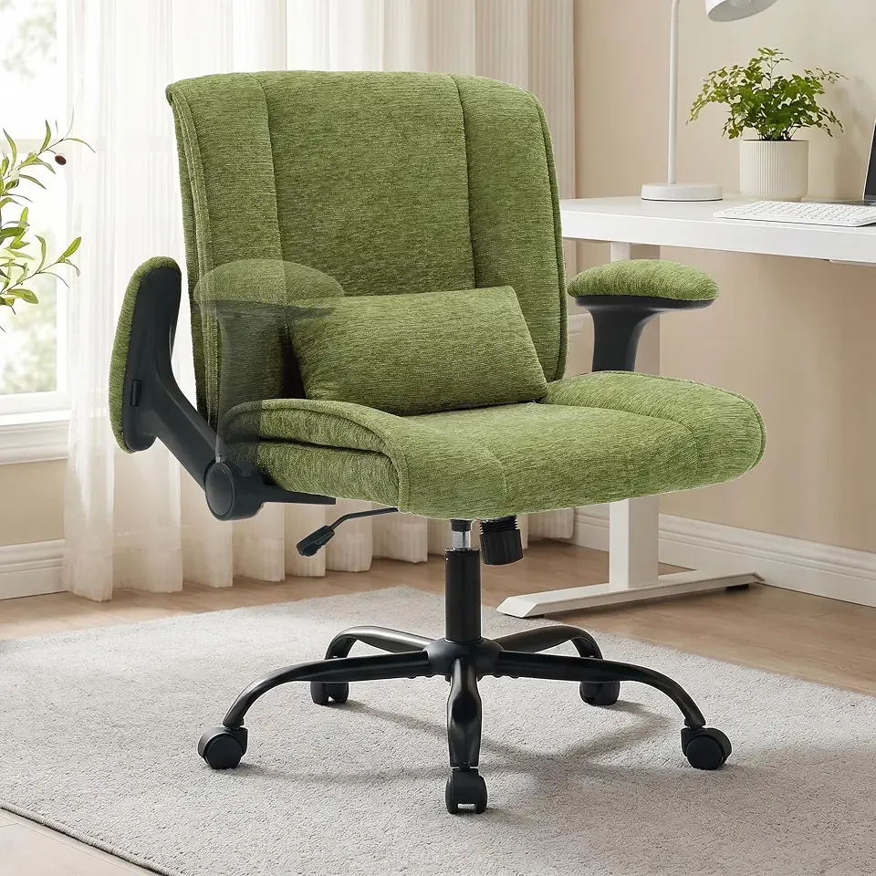 Criss Cross Chair with Flip Arms, Wide Cross Legged Chair with Lumbar Support, Chenille Office Chair with Wheels, 360° Swivel Desk Chair for Home Office, Living Room, Green